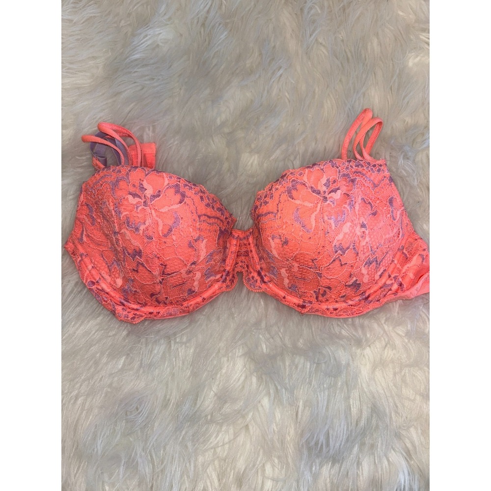 Victoria's Secret Pink Pigeonnant Push‎ Up Bra Womens 34D Orange Floral Padded